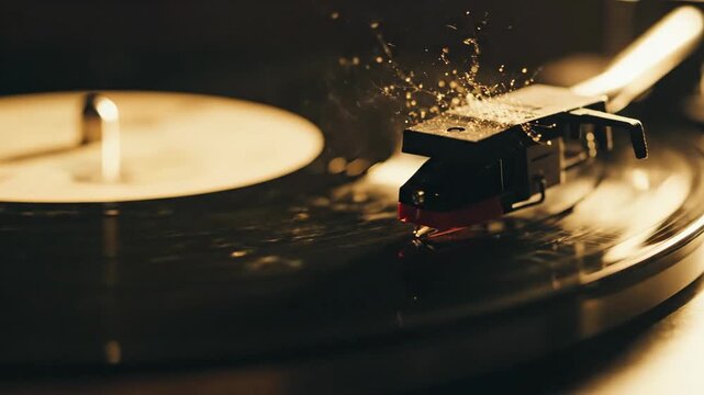 Retro audio playback device needle on vinyl record spinning close up warm lighting