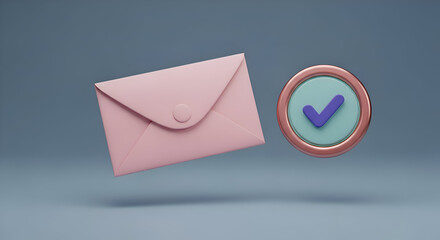 3D Rendered Pink Envelope with Verification Checkmark Icon.