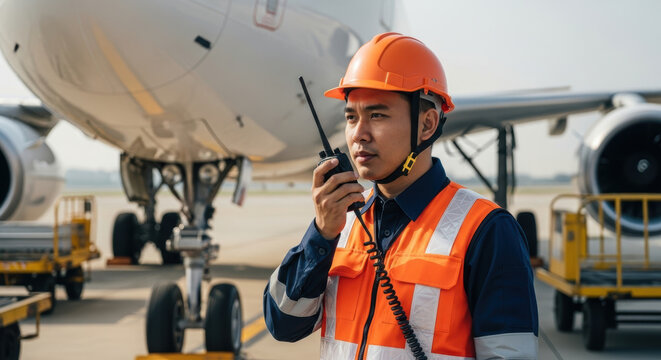 Focused airport ground crew worker wearing safety vest and helmet using walkie talkie near parked airplane on runway during aircraft maintenance operations