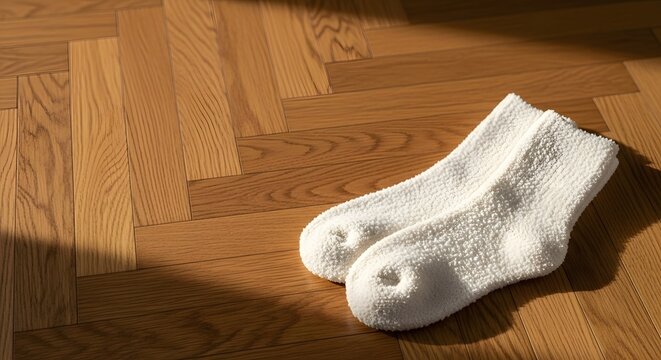 White fuzzy socks resting on a vintage wooden herringbone parquet floor in warm sunlight for cozy home comfort concept and relaxation