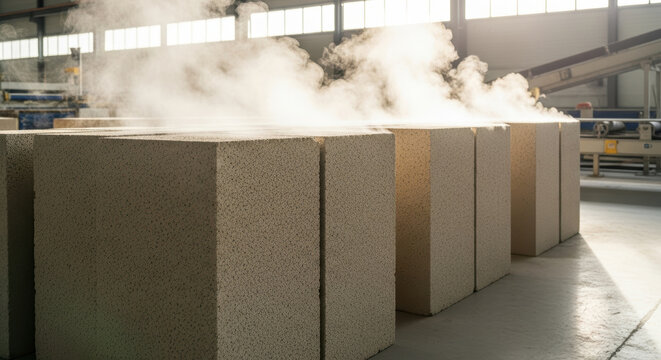Autoclaved aerated concrete blocks steaming on factory floor during production process in modern industrial building materials manufacturing plant