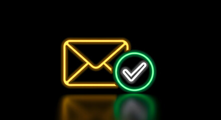 Glowing neon email icon with a green checkmark confirmation symbol.
