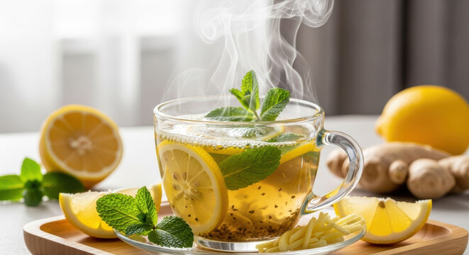 Refreshing hot lemon ginger tea with fresh mint leaves served in glass cup on wooden tray, healthy herbal drink with citrus slices and root pieces in cozy bright kitchen interior - Powered by Adobe