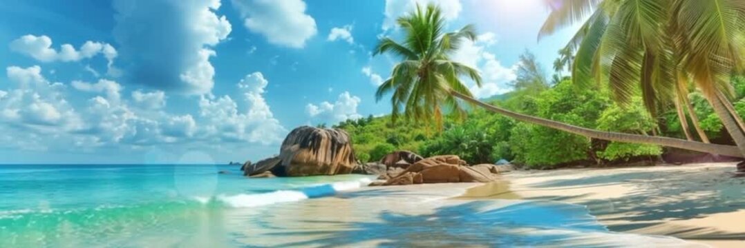 Tropical beach with palm trees and turquoise water in ocean panoramic video. Paradise island on a sunny day. Trip, travel and vacation theme