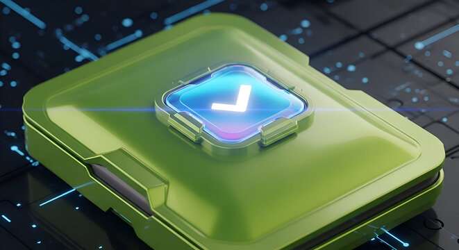 Futuristic green CPU processor with a glowing blue verification checkmark.