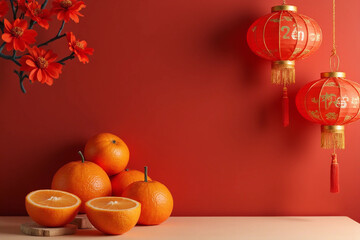 Chinese New Year celebration background with orange fruit on table and traditional red lanterns. Interior mock up for design and product display.