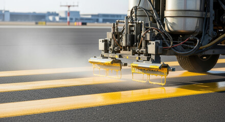Fototapeta premium Fresh yellow runway markings being painted on asphalt surface with industrial striping machine emphasizing safety maintenance and precise airport ground infrastructure