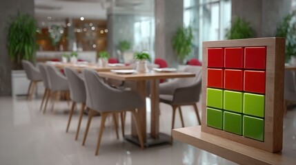 Fototapeta premium A restaurant with a table and chairs representing governance ethics in a conceptual heatmap design