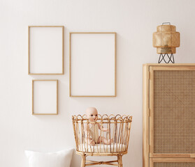 Poster frame mockup in beautiful nursery with rattan furniture, soft and wooden toys, Sandi-Boho children room interior, 3d render