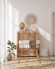 Dream nursery with rattan furniture, soft and wooden toys, Sandi-Boho children room interior, 3d render
