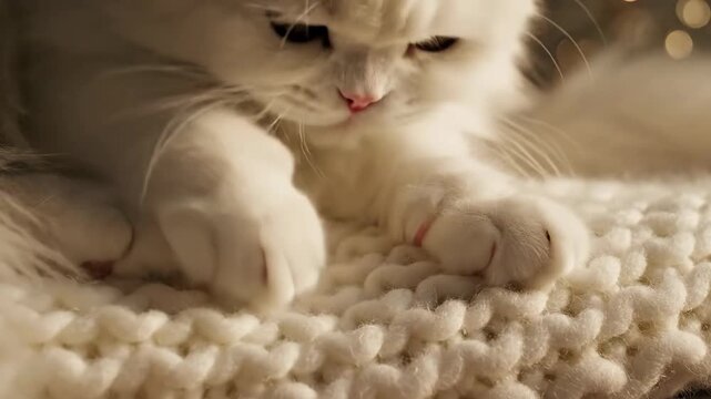 Close up view of fluffy cat paws resting on cozy knit blanket
