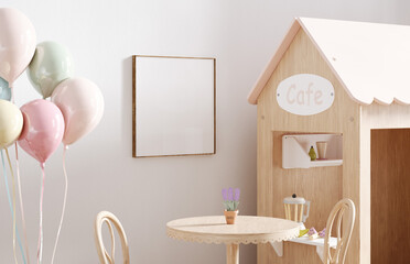 Mock up frame in children's playroom, cozy wooden cafe with table, chairs  and balloons, 3D render