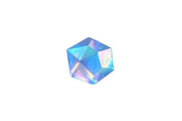 Iridescent blue crystal cube with faceted structure