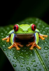 Striking Red Eyed Tree Frog Portrait on Lush Green Leaf in Rainforest Habitat with Water Droplets and Vibrant Colors Depicting Biodiversity