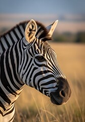 Obraz premium Striking Zebra Portrait Captured in Golden Light with Focus on Unique Stripes and Gentle Expression against a Warm Blurred African Savannah Background
