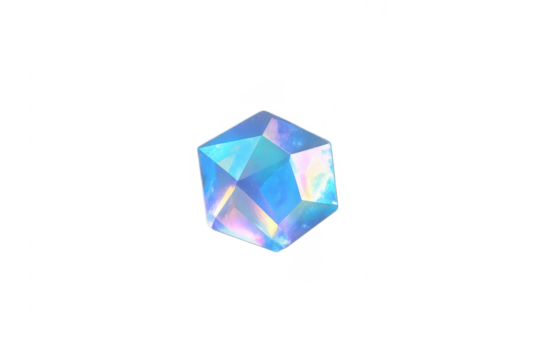 Iridescent blue crystal cube with faceted structure