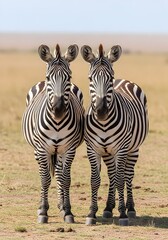 Obraz premium Two Zebras Standing Side by Side in the African Savanna Under the Warm Sunlight Showcasing their Striking Black and White Patterns