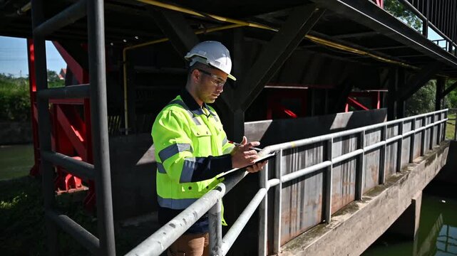 A skilled technician is inspecting the overall system of a wastewater treatment plant to detect any abnormalities and perform maintenance.