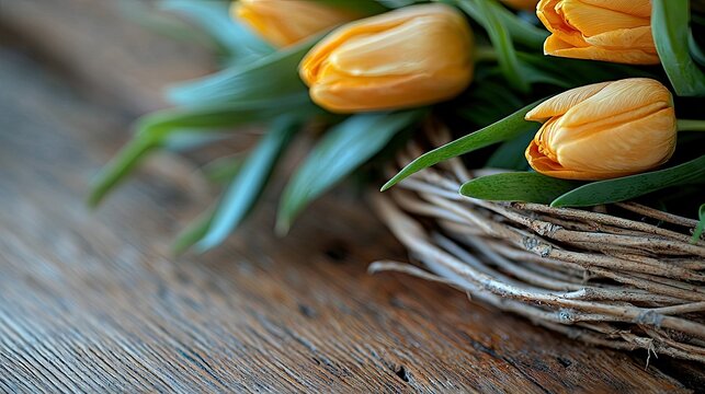 Close-up of a bouquet of yellow tulips in a woven basket, resting on a rustic wooden table. The lighting is soft and natural, creating a warm and inviting atmos