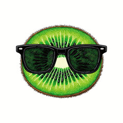 Slice of kiwi fruit wearing sunglasses on a yellow background