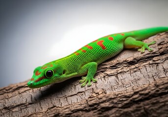 Fototapeta premium Vibrant Green Gecko Resting on Textured Wood Captivating Close Up with Red Spots and Intricate Details Nature and Wildlife Photography
