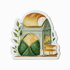 Artistic illustration of baked bread loaves and green leaves on a decorative stand.