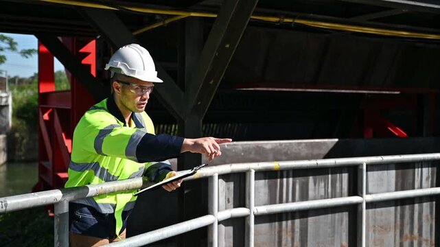 A skilled technician is inspecting the overall system of a wastewater treatment plant to detect any abnormalities and perform maintenance.