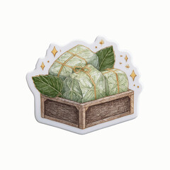Watercolor illustration of food items wrapped in leaves and tied with string in a wooden crate.