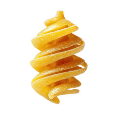 Single piece of dry fusilli pasta with a textured surface on a green background