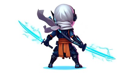 Character Holding Swords With Lightning Effects in Isolated Setting