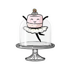 Cute cartoon cake character in ballet tutu under a glass dome