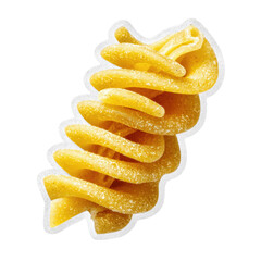 Close-up of spiral-shaped pasta with a textured surface on a green background