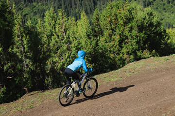 Naklejka premium Riding mountain bike in the beautiful alpine forest mountains