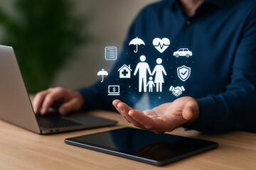 AI generated showing a businessman presenting glowing hologram icons representing family security health coverage financial protection and online insurance services in a modern professional setting