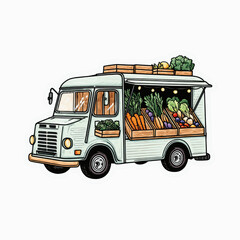 Illustration of a vintage food truck selling fresh produce