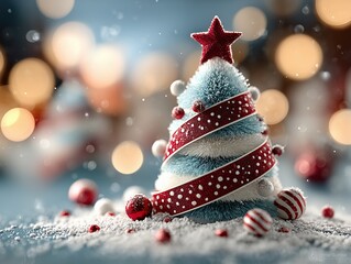 Dreamy Christmas 3D Render with Light Blue Fluffy Tree, Red Polkadot Ribbon, and Glossy Ornaments on Snowy Bokeh Background, 8K