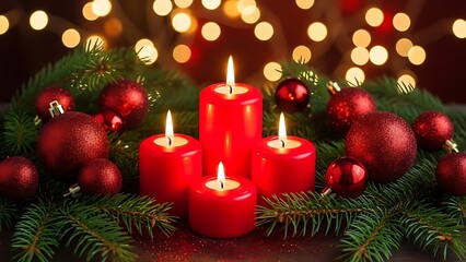 Christmas candles and ornaments on pine branches with bokeh lights background