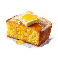 Slice of cornbread with butter and honey on parchment paper