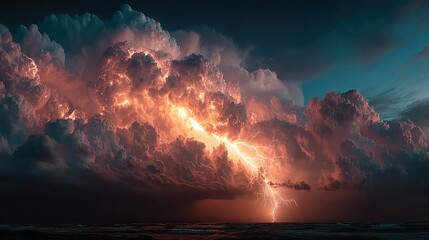 Fototapeta premium Dramatic thunderstorm cloudscape with lightning strikes over the ocean at sunset no comma