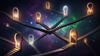 Multiple illuminated doorways and staircases leading to different dimensions in a cosmic setting.