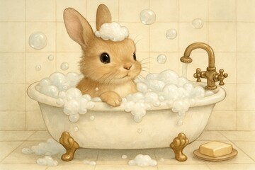 Happy Cartoon Easter Bunny Rabbit  Talking a Bubble Bath