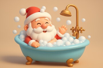 Happy Santa Claus Talking a Bubble Bath