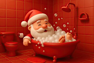 Happy Santa Claus Talking a Bubble Bath