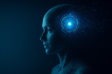 AI generated futuristic wireframe human head with a glowing blue neural core and digital circuitry representing deep learning data processing and high tech cognitive intelligence