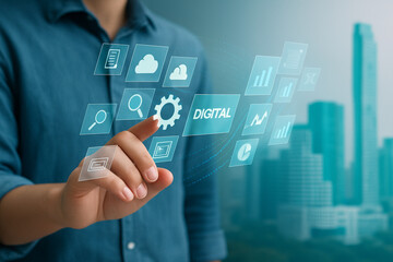 AI generated futuristic image of a hand touching floating transparent icons representing cloud data analytics search settings and business dashboards symbolizing digital transformation and smart work