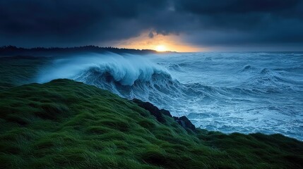A large ocean wave crashes against a rocky shore, with green grass in the foreground and a dramatic sunset in the background. The scene is moody and atmospheric