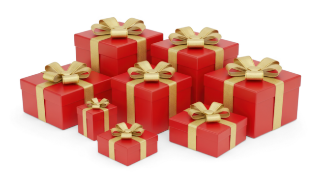 A pile of red gift boxes with gold ribbons and bows on a white background.