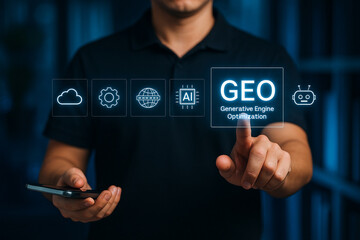 AI generated hand activating GEO generative engine optimization with floating icons for cloud automation global network AI processor digital bot technology environment smart search data intelligence