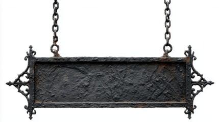 Rustic Hanging Sign with Ornate Metal Design and Weathered Surface Perfect for Vintage Decor and Business Displays