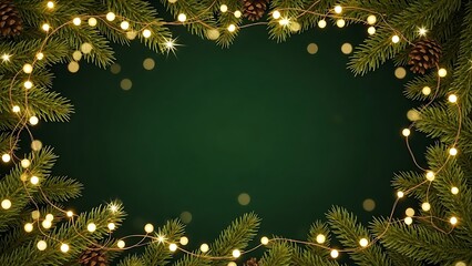 Christmas fir branch frame with warm string lights and pine cones on green